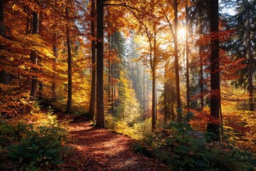 Naklejka premium Stunning autumn forest path bathed in golden sunlight with vibrant colors