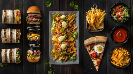 Assorted fast food with burgers, pizza, fries, and nachos-Top view of assorted fast food dishes including burgers, pizza slice, nachos, fries, wraps, and salad served on dark wooden background.