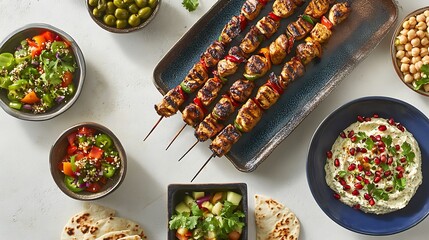 Mediterranean feast with grilled kebabs, hummus, and fresh salads-Top view of a Mediterranean meal featuring grilled chicken kebabs on skewers, served with bowls of hummus garnished with pomegranate s