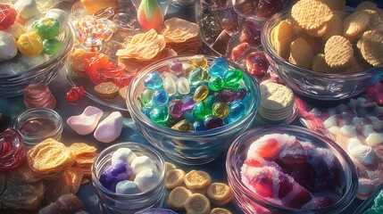 Assorted colorful candies and cookies in glass bowls-A vibrant assortment of sweets displayed in clear glass bowls, featuring colorful wrapped candies, gummy treats, marshmallows, and a variety of coo