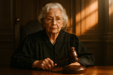 Female judge with gavel in courtroom law and justice legal system image