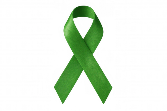 Green awareness ribbon promoting mental health awareness, tissue donation, and other important causes, isolated on a transparent background