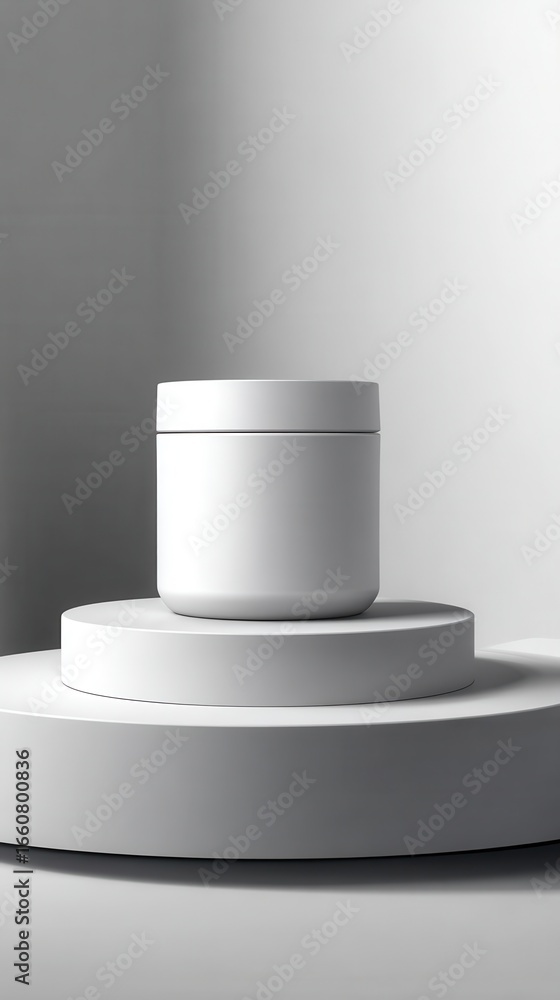 Poster minimalist white container on circular pedestal in bright neutral background with soft shadows and s
