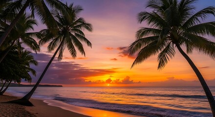 Tropical beach sunset with palm trees silhouetted against a vibrant orange and purple sky reflecting on the ocean. flower desktop wallpaper