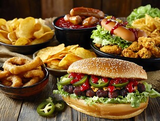 Assorted fast food with sandwiches, hot dog, chips, and fried snacks-Close-up of a delicious fast food spread including a large sub sandwich with lettuce, jalapeños, and ketchup, a hot dog with toppin