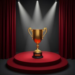Winning the competition, a shiny gold trophy cup rests on a pedestal, symbolizing the ultimate prize for a champion's achievement and success