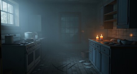 A dimly lit kitchen with broken dishes and two lit candles A window provides a view of the outdoors