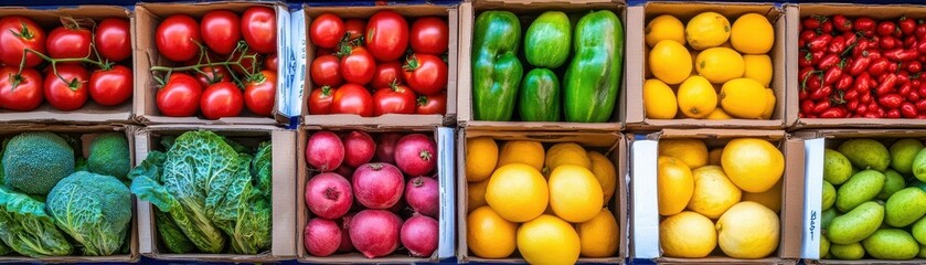 Fresh Organic Vegetables Selection Including Red Bell Peppers Green Bell Peppers Yellow Bell Peppers Cherry Tomatoes and Broccoli in Wooden Baskets Displayed for Fresh Market