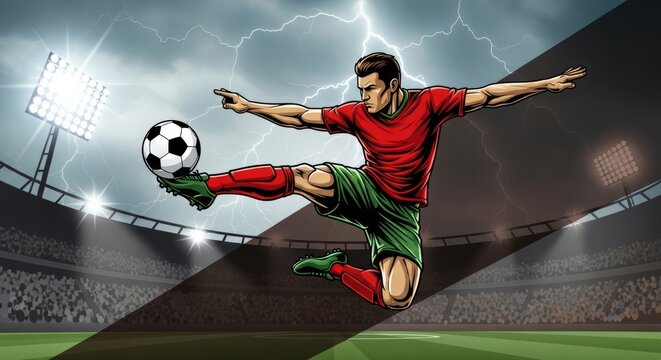 Dynamic Football Player in Action Kicking the Ball with Power Under Stormy Sky