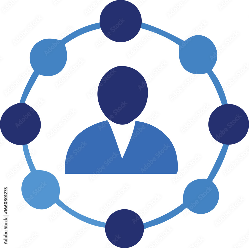 Poster Abstract visual representation of a central figure connected to a network of surrounding elements symbolizing teamwork collaboration and interconnectedness in a modern concept