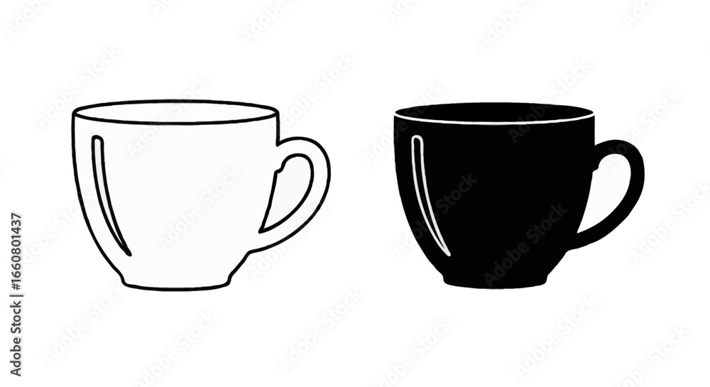 Poster single vector icon of a cup or mug | includes a thin line art version next to a matching silhouette 