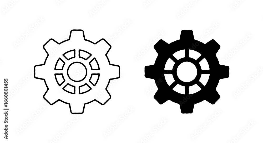 Aufkleber single vector icon of a settings gear | includes a thin line art version next to a matching silhouet