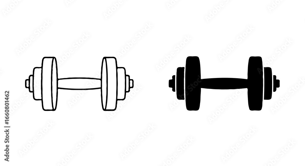 Aufkleber single vector icon of a dumbbell | includes a thin line art version next to a matching silhouette ve