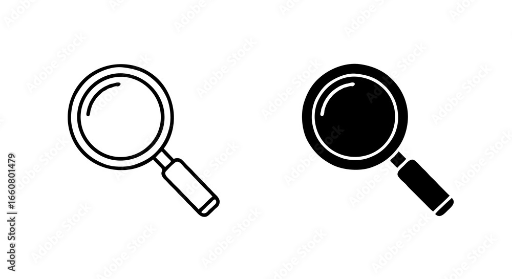 Poster single vector icon of a search magnifying glass | includes a thin line art version next to a matchin