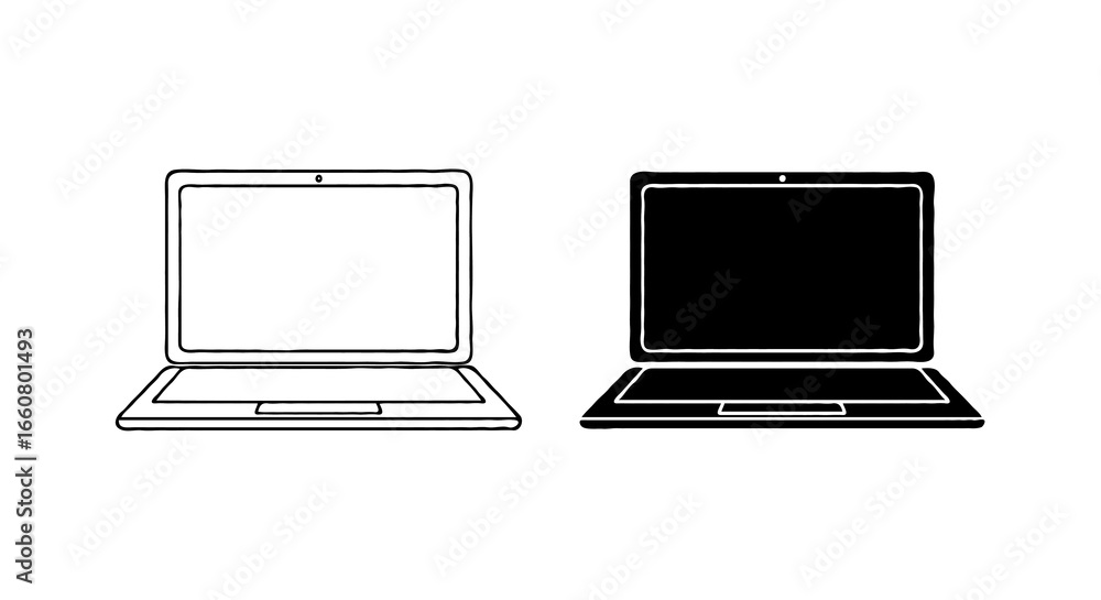 Poster single vector icon of a laptop | includes a thin line art version next to a matching silhouette vers