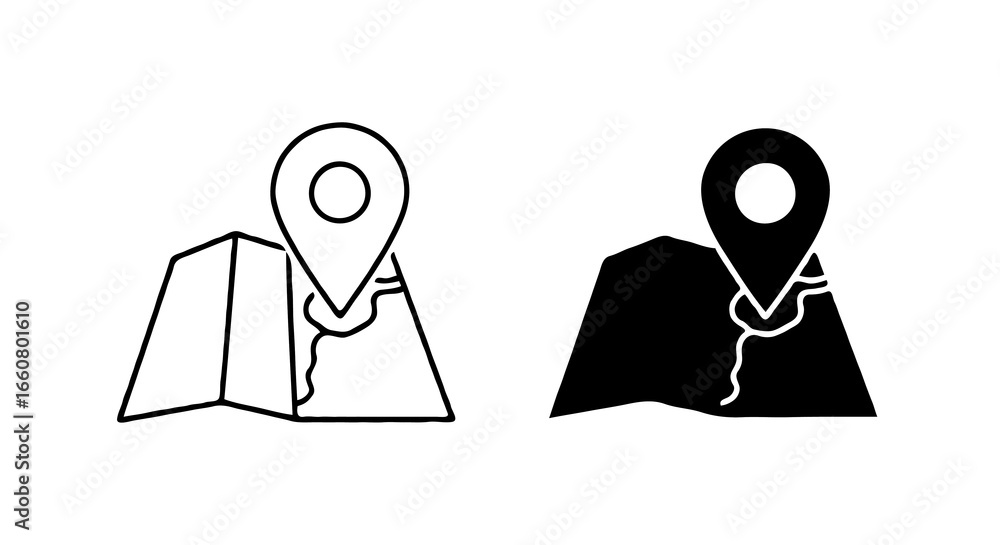 Aufkleber single vector icon of a map with a location pin | includes a thin line art version next to a matchin