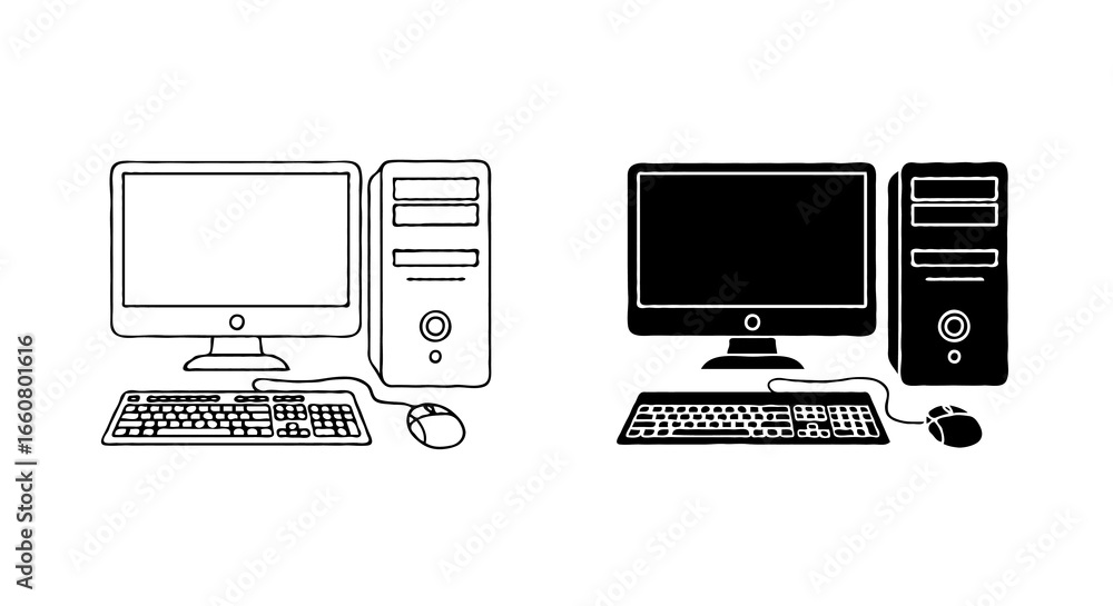 Fototapete single vector icon of a desktop computer | includes a thin line art version next to a matching silho