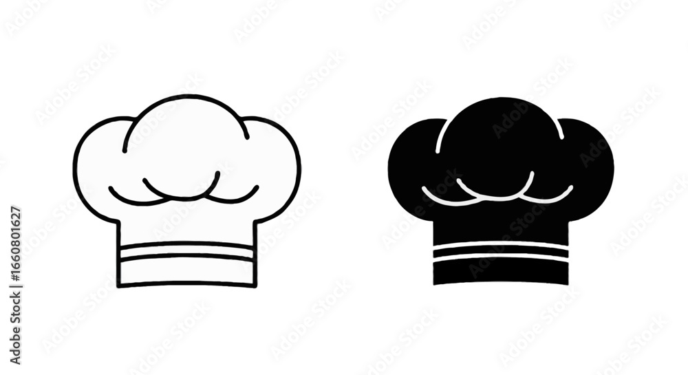 Aufkleber single vector icon of a chef hat | includes a thin line art version next to a matching silhouette ve