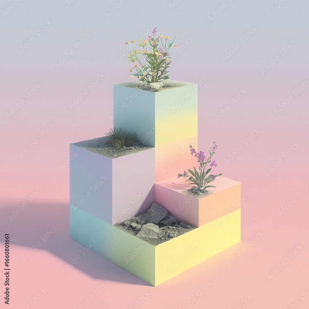 Poster abstract colorful plant display on geometric shapes with soft pastel shades and subtle texture varia