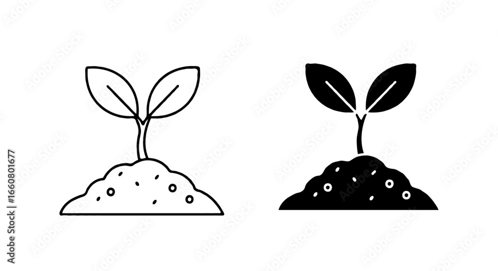 Poster single vector icon of a small plant sprouting from soil | includes a thin line art version next to a