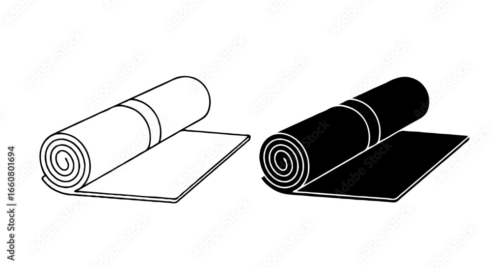 Aufkleber single vector icon of a rolled-up yoga mat | includes a thin line art version next to a matching sil