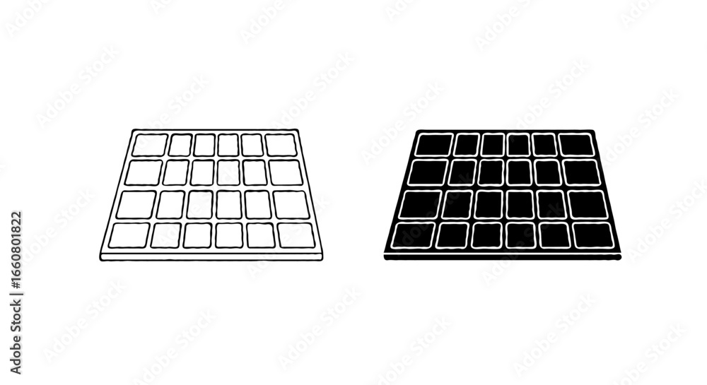 Poster single vector icon of a solar panel | includes a thin line art version next to a matching silhouette