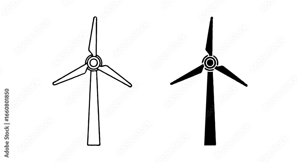Poster single vector icon of a wind turbine | includes a thin line art version next to a matching silhouett