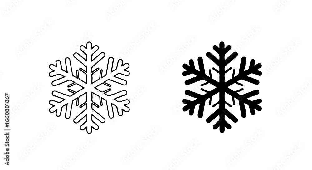 Aufkleber single vector icon of a snowflake | includes a thin line art version next to a matching silhouette v