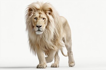 Obraz premium White lion in profile, walking toward viewer. Full body shot against plain white background. Cream-colored, majestic beast with flowing mane