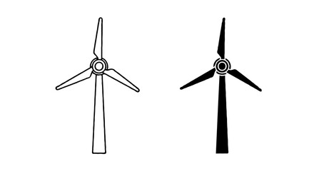 Single vector icon of a wind turbine | Includes a thin line art version next to a matching silhouette version Minimal, clean, monochrome, isolated on white background, flat vector style