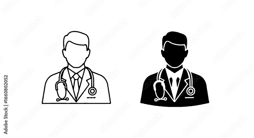 Poster single vector icon of a doctor with stethoscope | includes a thin line art version next to a matchin