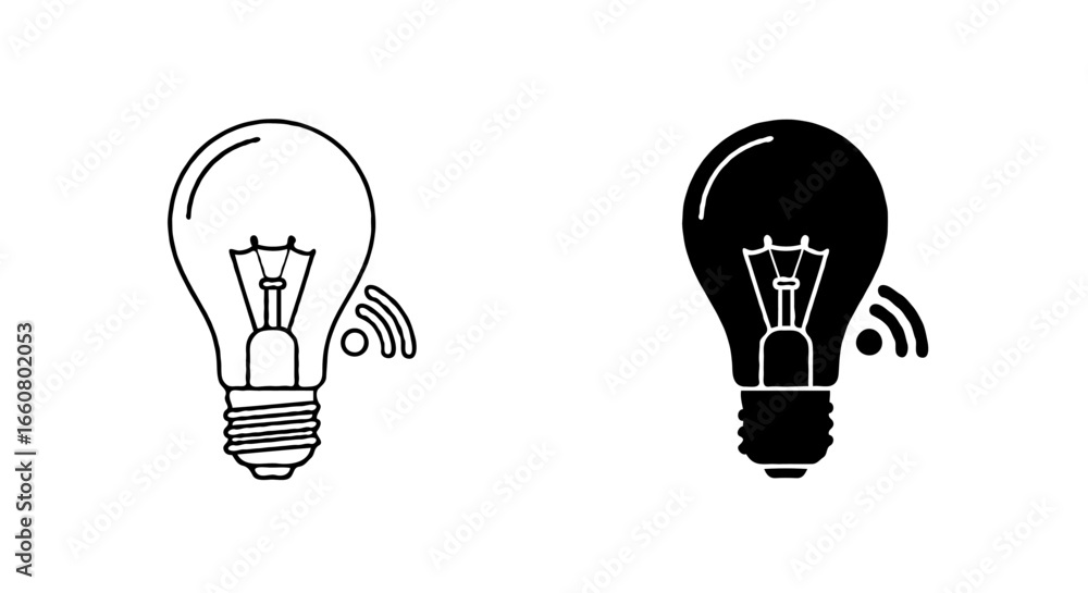Poster single vector icon of a smart light bulb | includes a thin line art version next to a matching silho