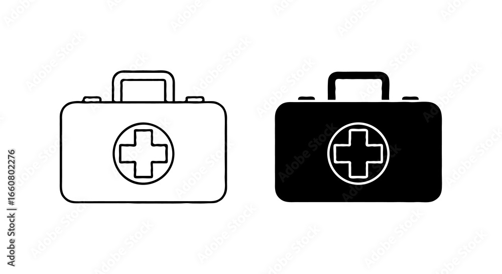 Poster single vector icon of a first aid kit | includes a thin line art version next to a matching silhouet