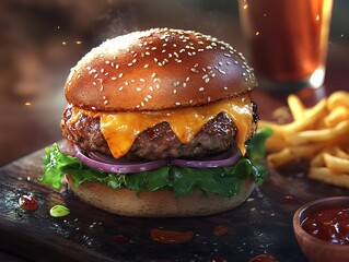 Cheeseburger with lettuce, onion, fries, and drink-Juicy cheeseburger with melted cheddar, lettuce, and onion on a sesame bun, served with fries and a cold drink.