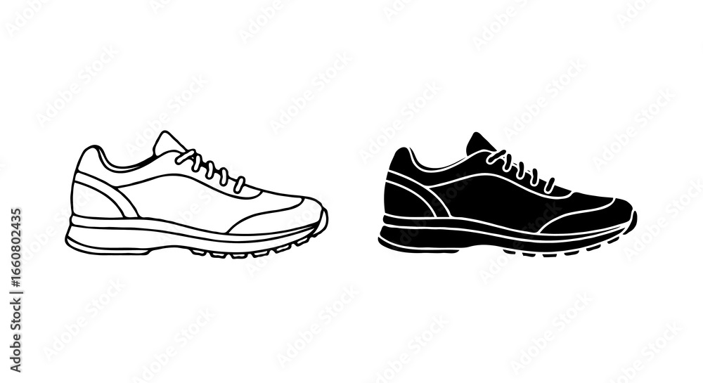 Aufkleber single vector icon of a running shoe or sneaker | includes a thin line art version next to a matchin