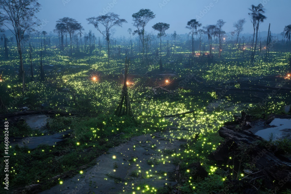Poster a mesmerizing scene of fireflies lighting up the dark forest with their glow, creating a magical and