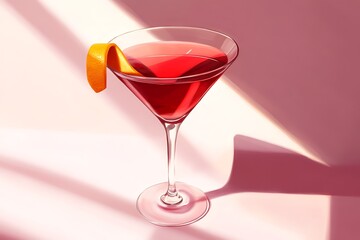 Red cocktail in martini glass with orange garnish-Elegant red cocktail served in a martini glass with an orange slice garnish, perfect for bar menus, celebrations, and drink concepts.