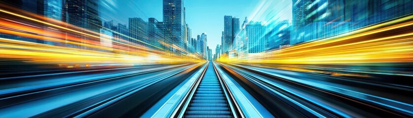 Fototapeta premium Dynamic futuristic cityscape with vibrant light trails of moving vehicles sleek skyscrapers and neon reflections at night showcasing modern urban transportation