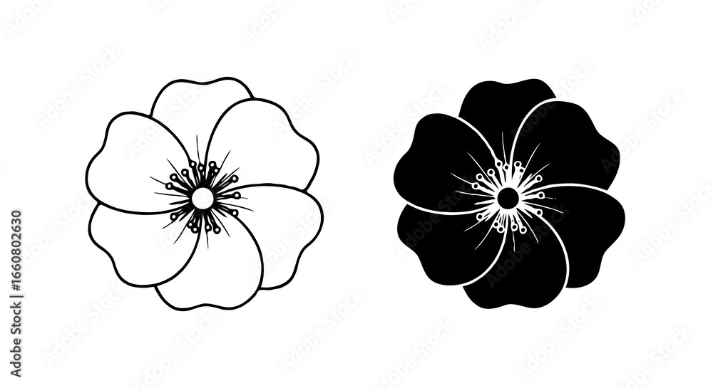 Poster single vector icon of a flower | includes a thin line art version next to a matching silhouette vers