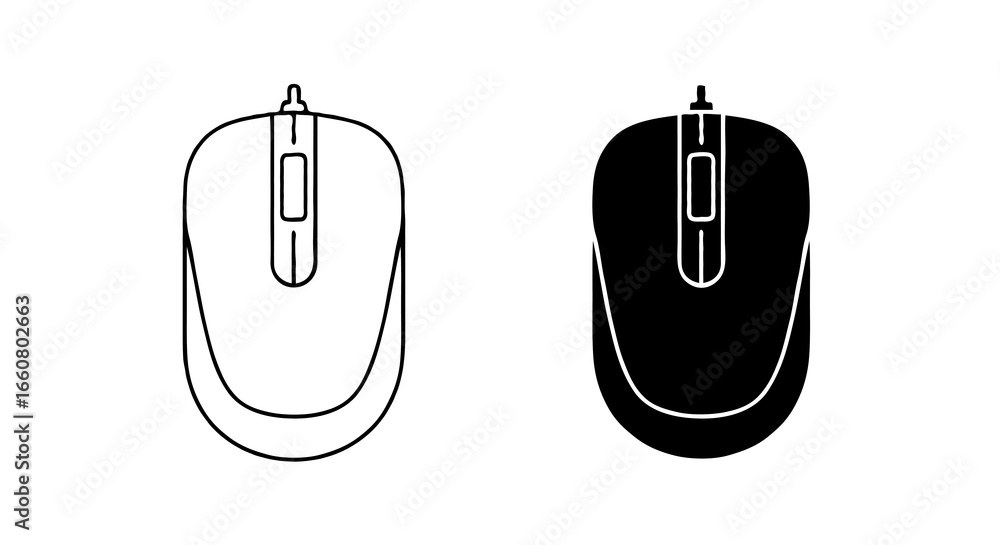 Fototapete single vector icon of a computer mouse | includes a thin line art version next to a matching silhoue