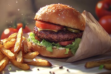 Juicy hamburger with fries-A freshly prepared hamburger with lettuce, tomato, pickles, and a beef patty inside a sesame seed bun, served with golden crispy fries on the side.