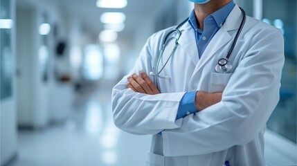 a doctor in a white coat standing in a hospital hallway, arms crossed. The scene conveys professionalism and expertise