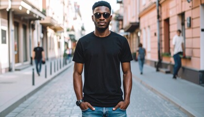 Young Model Shirt Mockup, Boy wearing black t-shirt on street in daylight, Shirt Mockup Template on hipster adult for design print, Male guy wearing casual t-shirt mockup placement
