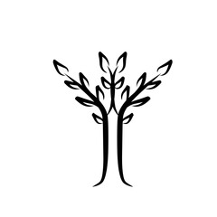 Abstract black tree silhouette with stylized branches and leaves on a minimalistic white background