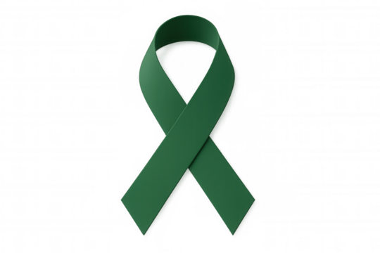 Green awareness ribbon representing mental health advocacy, solidarity with multiple causes, isolated on transparent background for versatile graphic design applications