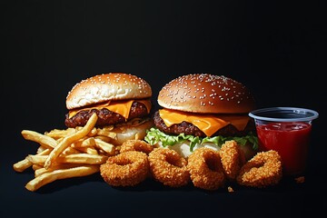 Fast food meal with burgers fries and onion rings-Delicious fast food assortment including cheeseburgers, French fries, onion rings, and a cup of ketchup against a dark background.