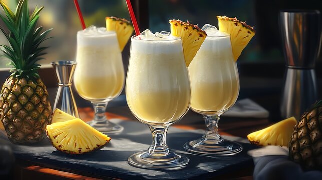 Refreshing pina colada cocktails with pineapple garnish-Glasses of creamy pina colada served with pineapple slices and ice, representing tropical cocktails, summer refreshment, and exotic drinks.
