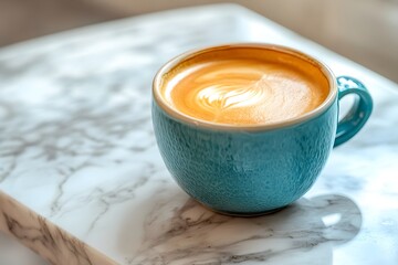 Glossy espresso fills a blue ceramic cup with intricate texture, resting on marble edge.