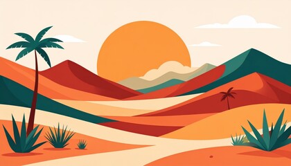 Vibrant desert landscape with rolling hills mountains distant trees and a large setting sun illustrated in warm earthy tones and bold graphic style