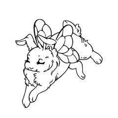 fairy tale rabbit with delicate wings line art drawing
